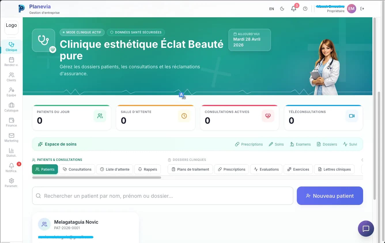 L’espace clinique de Planevia : patients du jour, consultations et recherche d’un patient