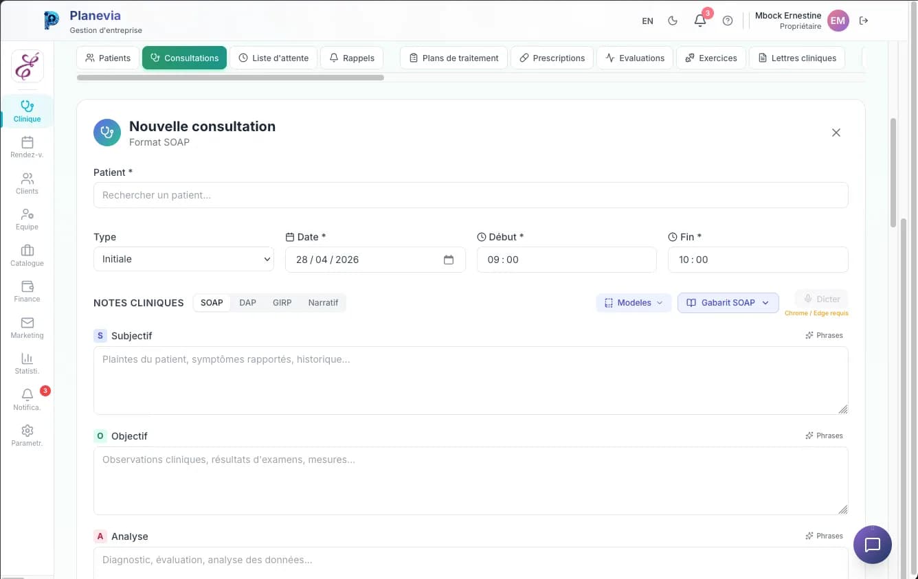 Une nouvelle consultation au format SOAP dans Planevia : subjectif, objectif, analyse