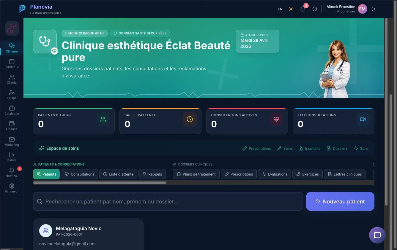 L’espace clinique de Planevia : patients du jour, consultations et recherche d’un patient