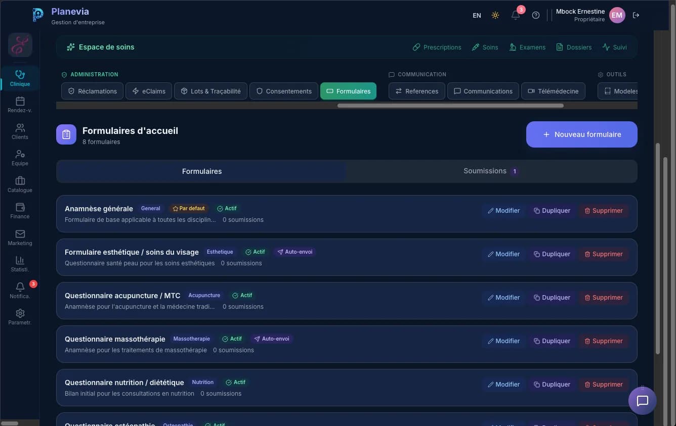 La liste des formulaires d’accueil dans Planevia, un par discipline