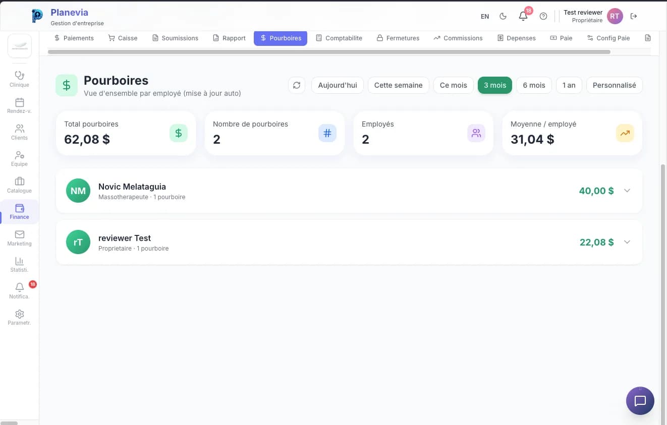 Suivi des pourboires par employé dans Planevia