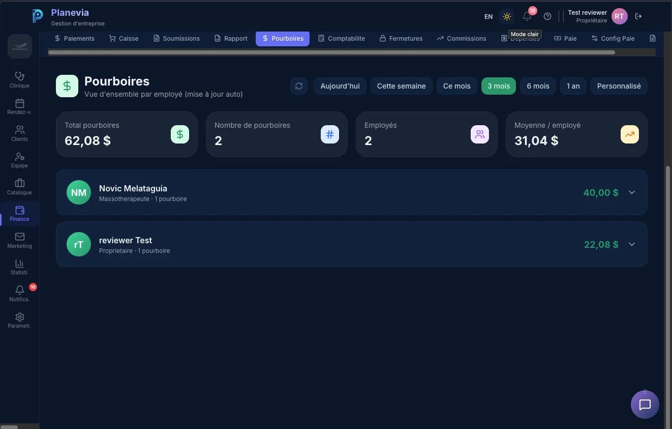 Suivi des pourboires par employé dans Planevia