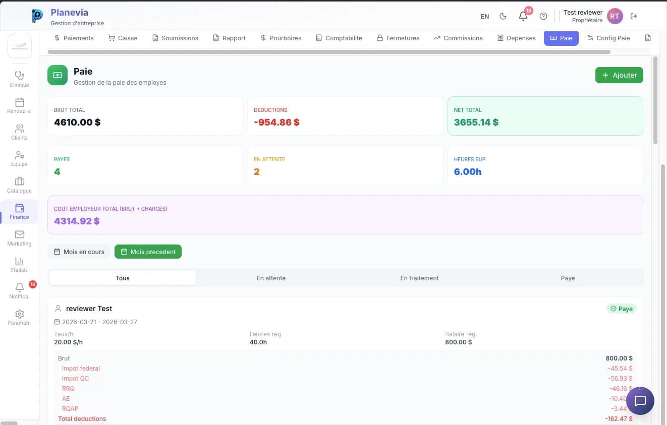 Module Paie Planevia avec déductions et net total