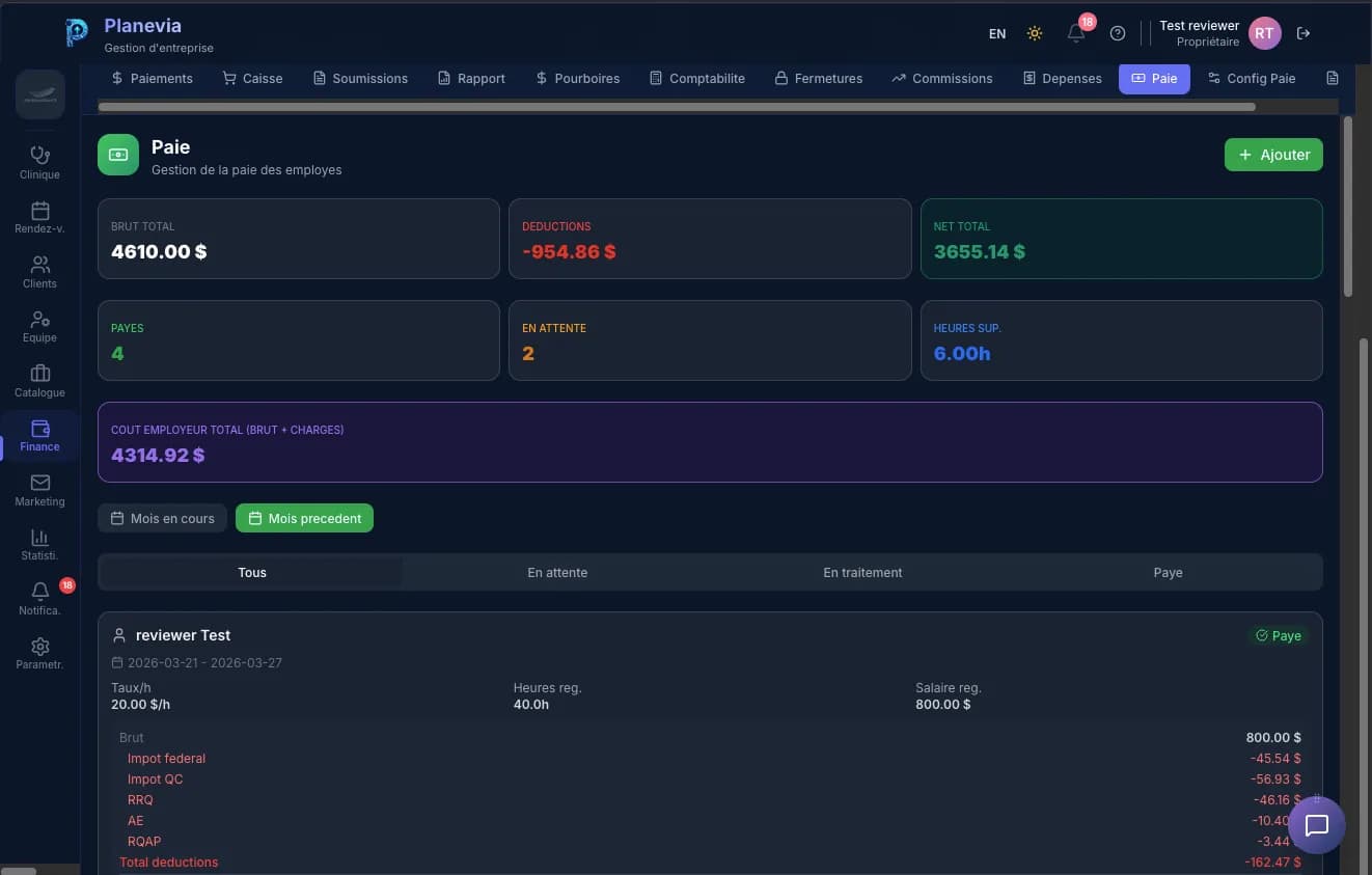Module Paie Planevia avec déductions et net total
