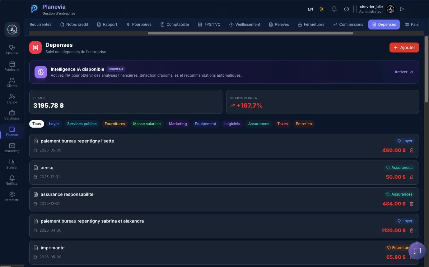Suivi des dépenses Planevia avec intelligence artificielle, catégories loyer, services publics, fournitures, masse salariale, marketing, équipement, logiciels, assurances, taxes, entretien et comparatif mois précédent