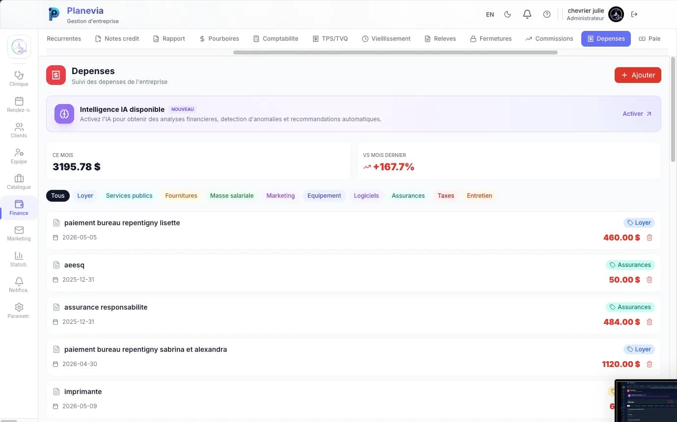 Suivi des dépenses Planevia avec intelligence artificielle, catégories loyer, services publics, fournitures, masse salariale, marketing, équipement, logiciels, assurances, taxes, entretien et comparatif mois précédent