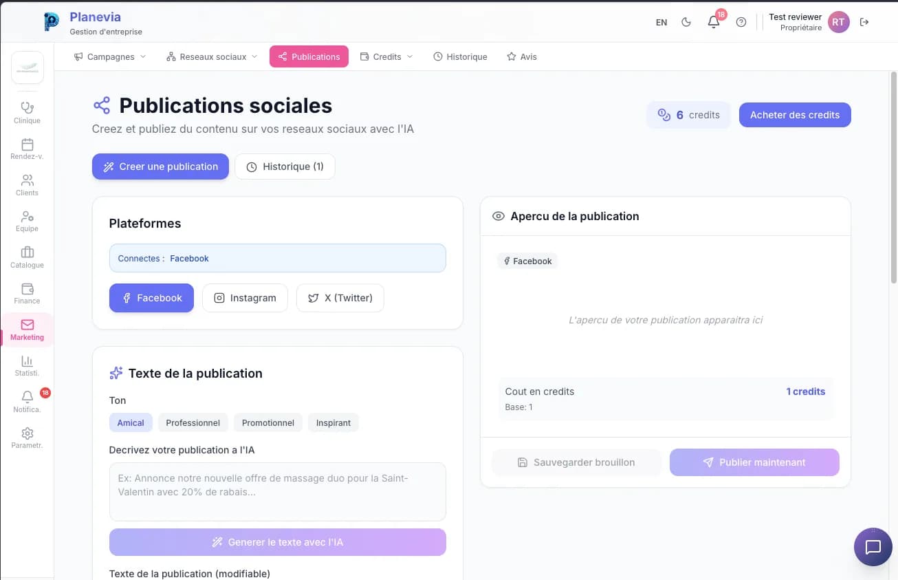 La création d’une publication sociale dans Planevia : plateformes, ton, texte généré par IA et aperçu