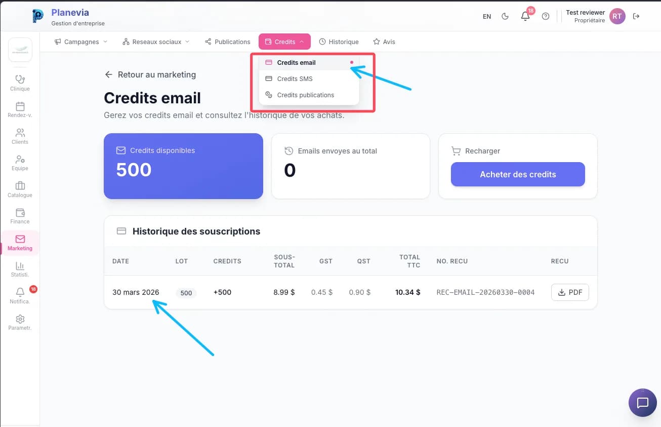 Les crédits email rechargeables dans Planevia, avec l’historique des achats et les reçus en PDF
