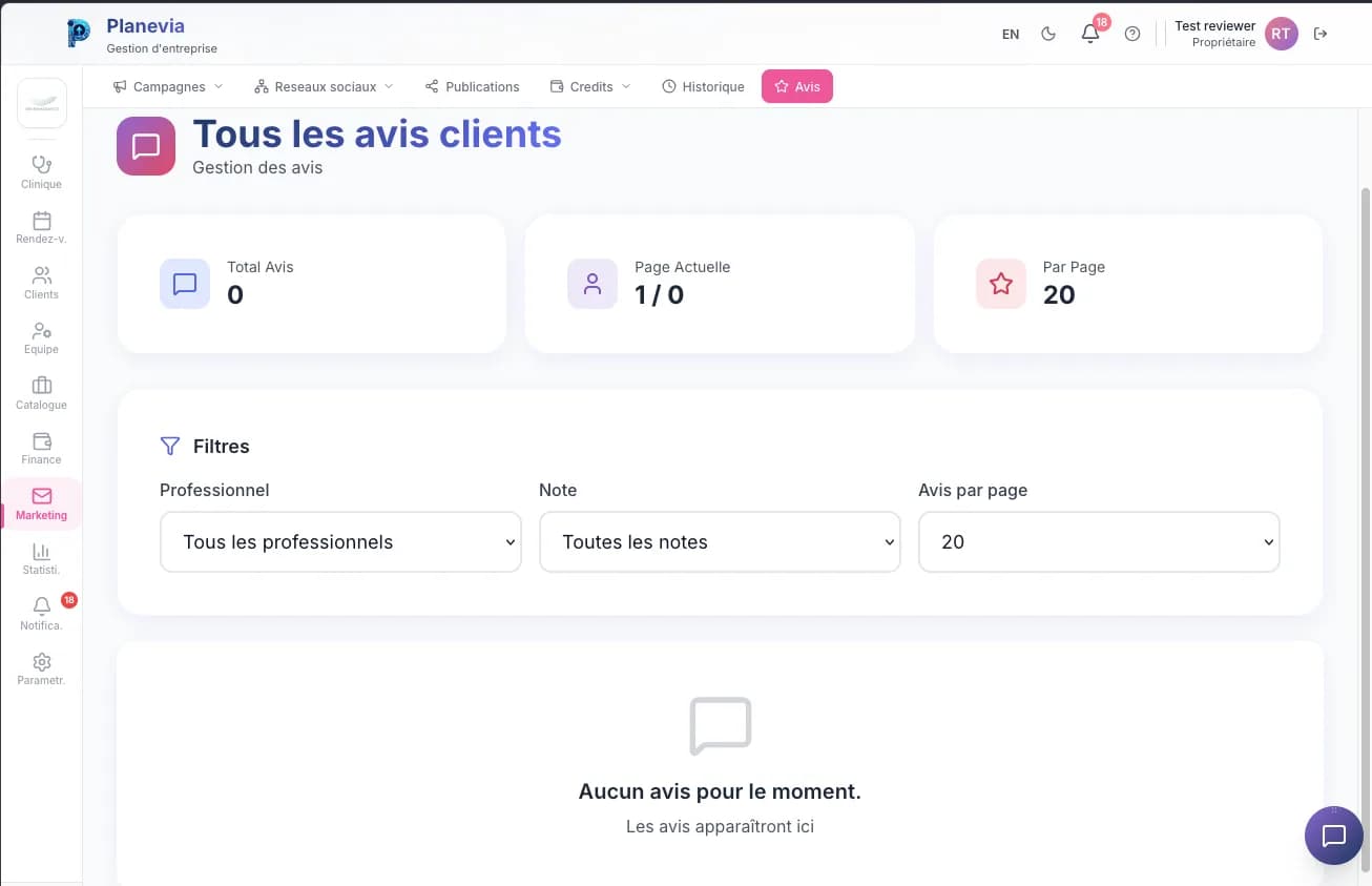 Les avis clients centralisés dans Planevia, avec filtres par professionnel et par note