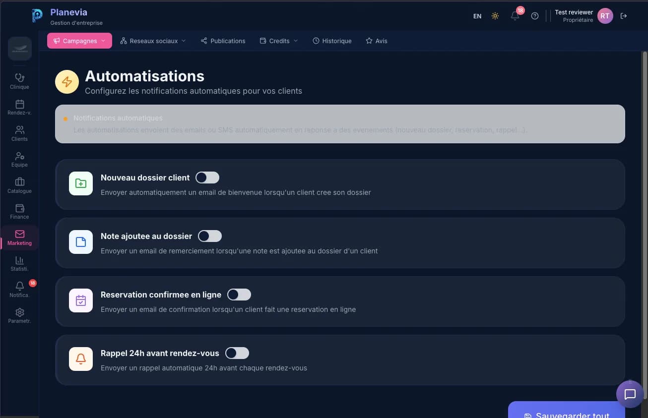 Les automatisations de Planevia : notifications automatiques pour un nouveau dossier, une note, une réservation en ligne et le rappel 24 h