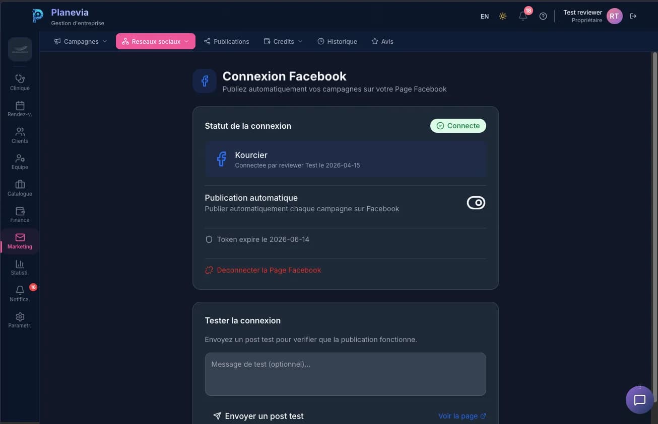 La connexion d’une page Facebook dans Planevia, avec la publication automatique des campagnes