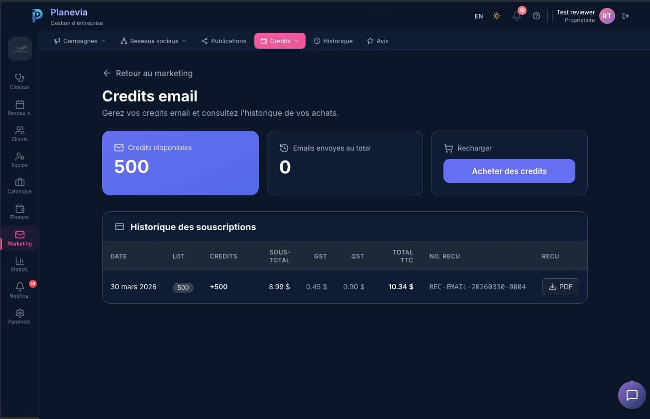 Les crédits email rechargeables dans Planevia, avec l’historique des achats et les reçus en PDF