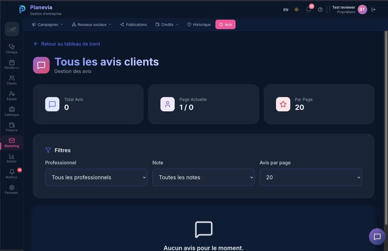 Les avis clients centralisés dans Planevia, avec filtres par professionnel et par note