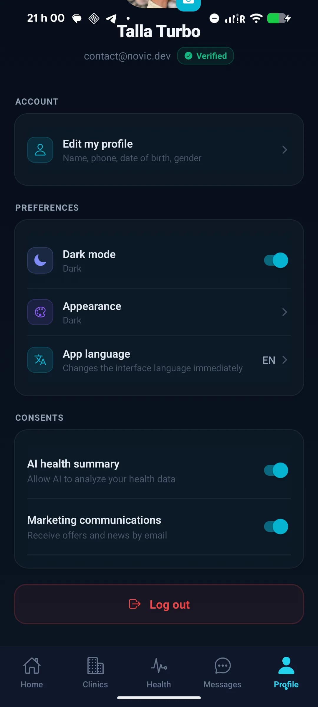 Écran de profil Planevia en mode sombre