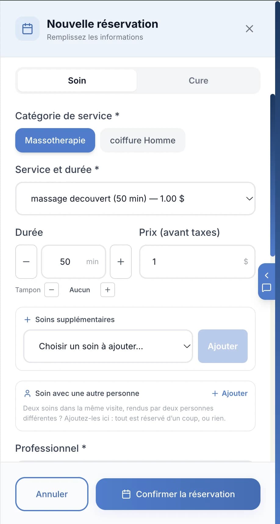 Le panneau « Nouvelle réservation » de Planevia : catégorie, service, durée, prix, soins supplémentaires