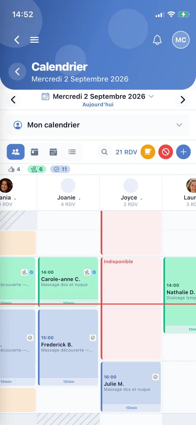 Écran « Équipe » de l’application Planevia
