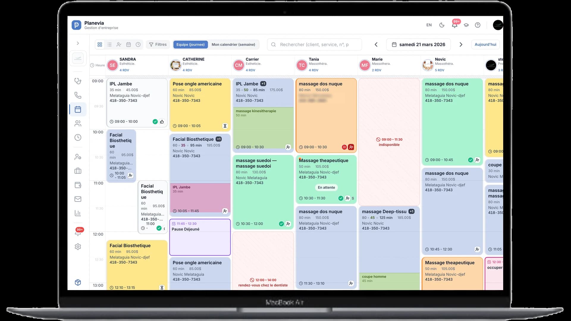 L’agenda Planevia sur ordinateur : une colonne par professionnel