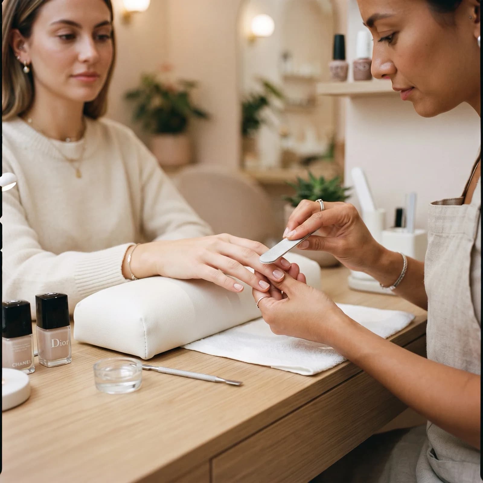 Manucure limant les ongles d’une cliente