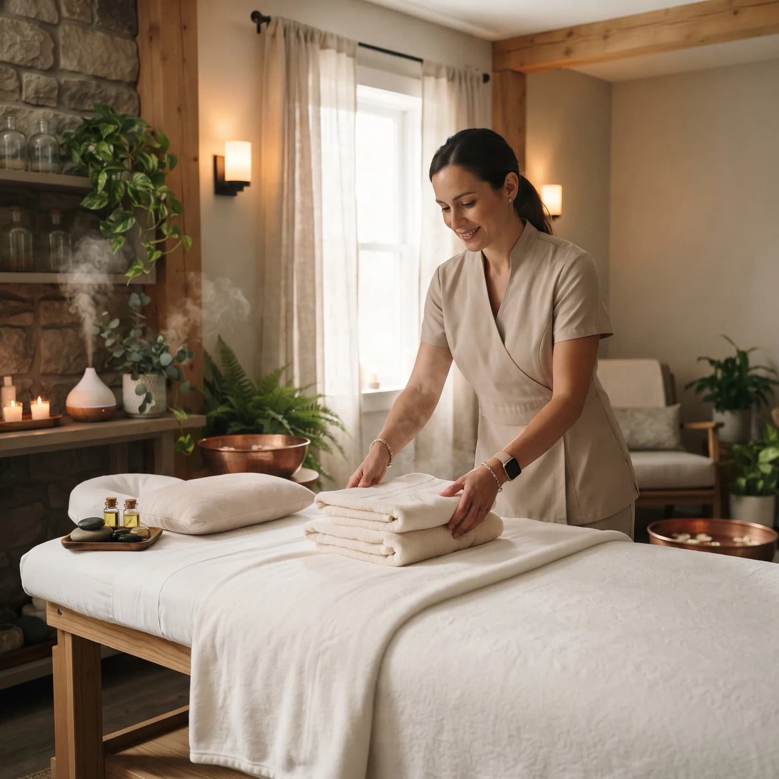 Massothérapeute préparant une table de soin dans un spa