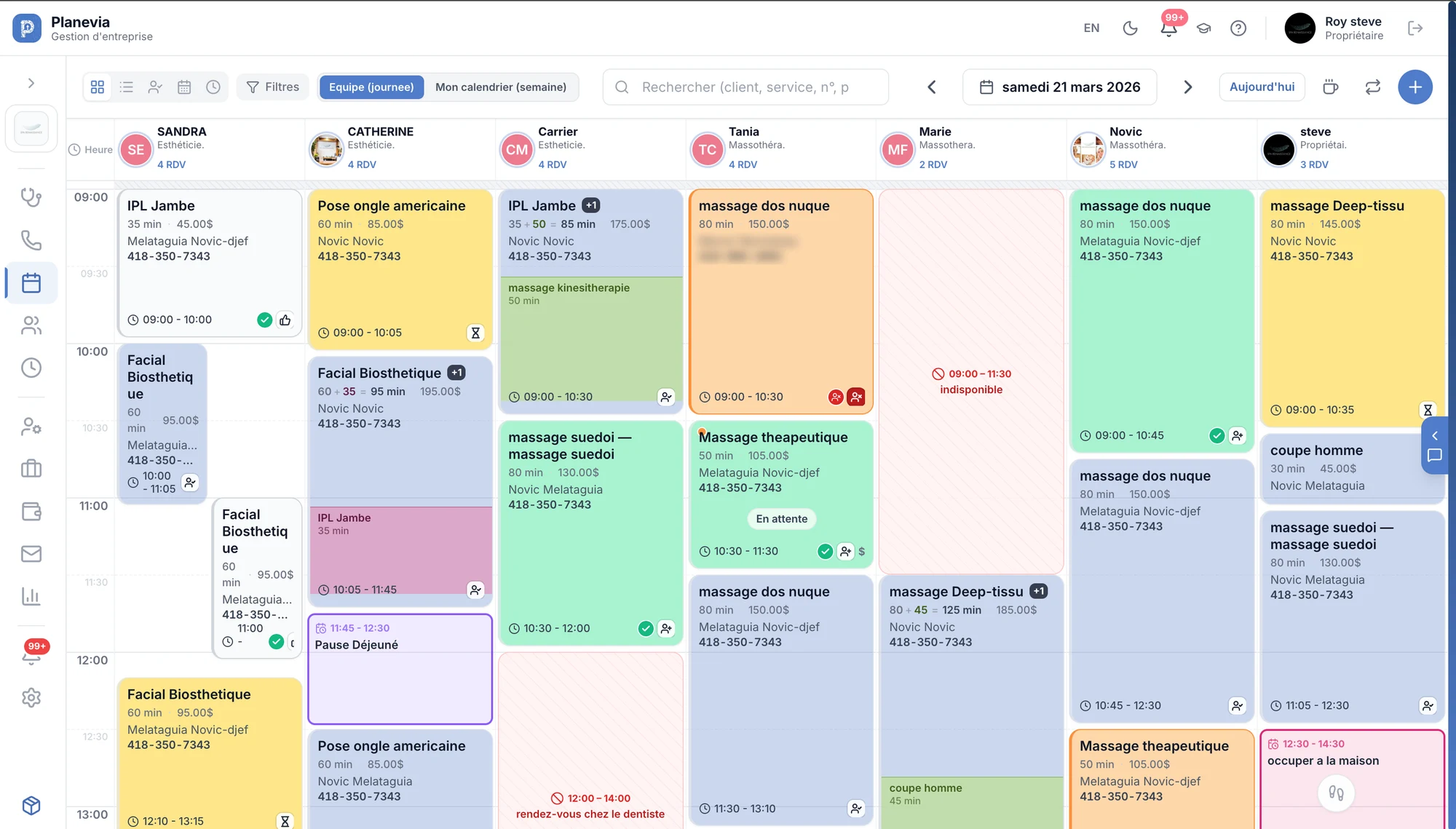 Agenda de l'équipe, par praticien