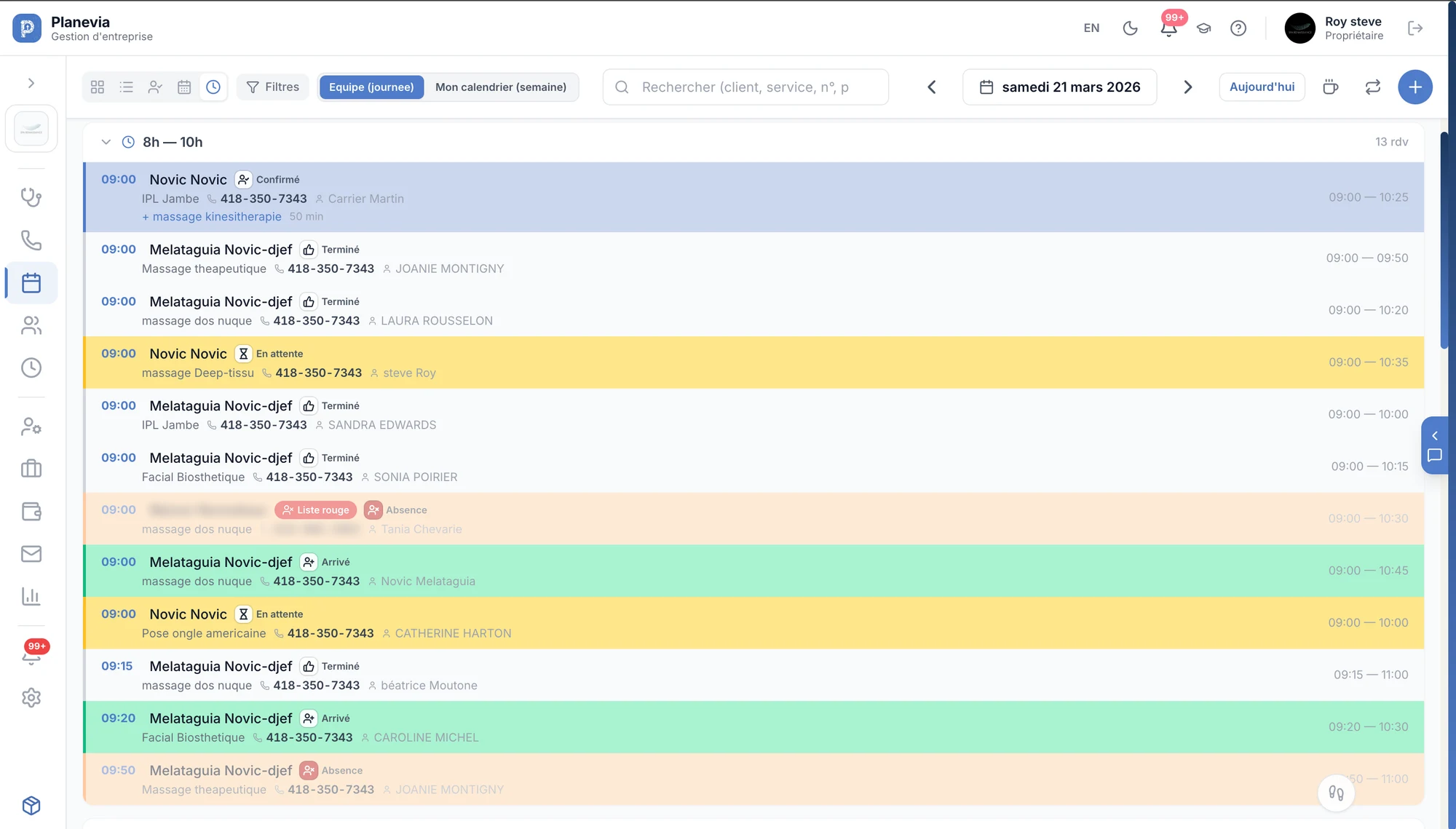 Rendez-vous en liste, par tranche horaire