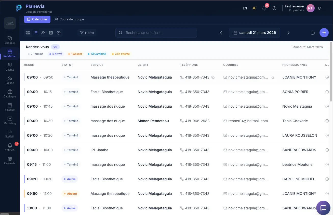 Vue liste rendez-vous Planevia