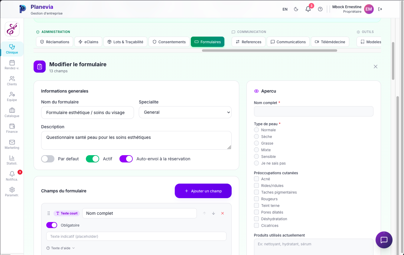 Editeur de formulaire Planevia