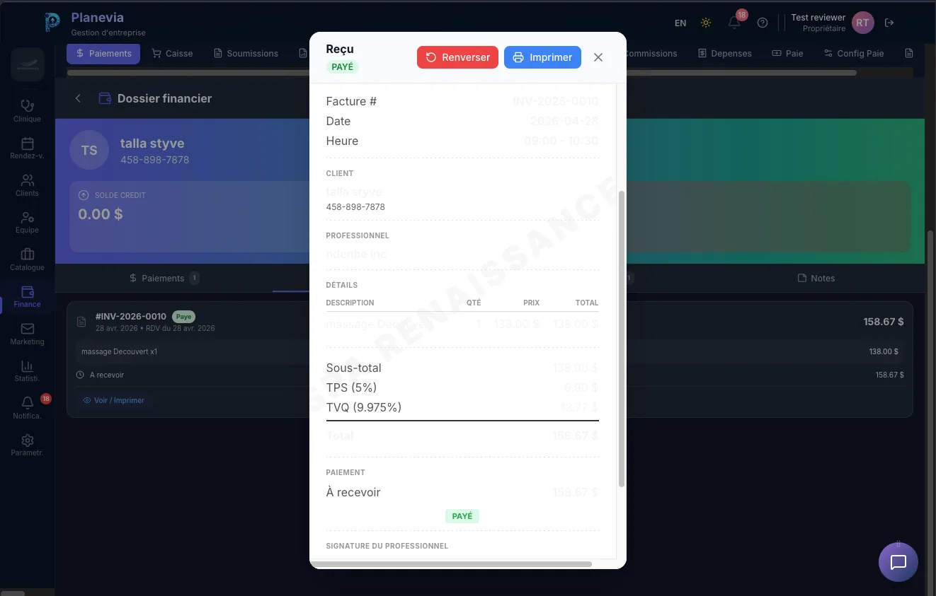 Recu de facture Planevia avec TPS/TVQ