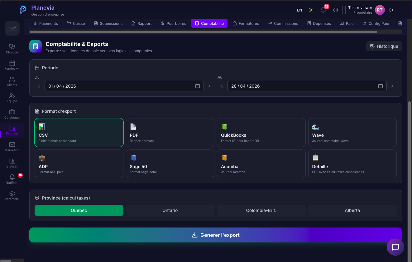 Exports comptables Planevia vers QuickBooks, Sage 50, Acomba et Wave