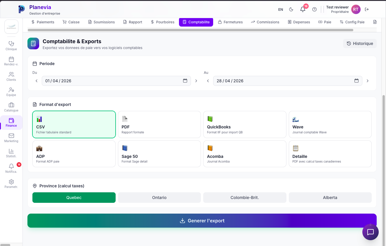 Exports comptables Planevia vers QuickBooks, Sage 50, Acomba et Wave