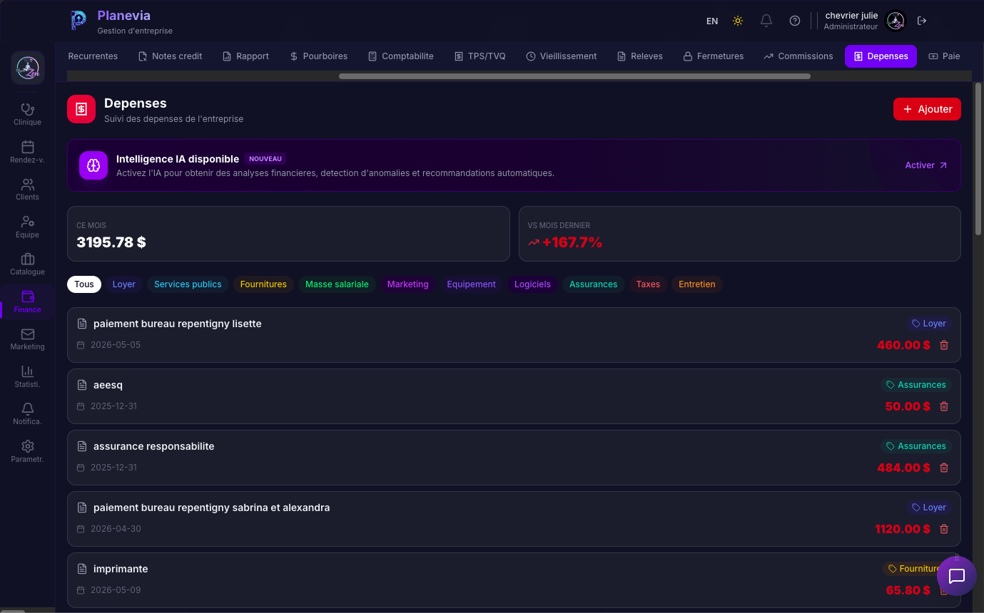 Suivi des depenses Planevia avec intelligence artificielle, categories loyer, services publics, fournitures, masse salariale, marketing, equipement, logiciels, assurances, taxes, entretien et comparatif mois precedent