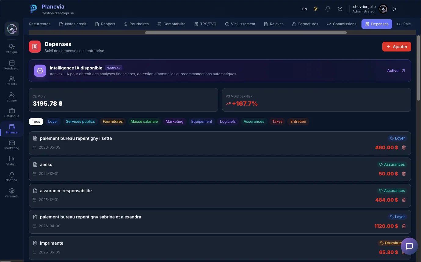 Suivi des depenses Planevia avec intelligence artificielle, catégories loyer, services publics, fournitures, masse salariale, marketing, equipement, logiciels, assurances, taxes, entretien et comparatif mois precedent