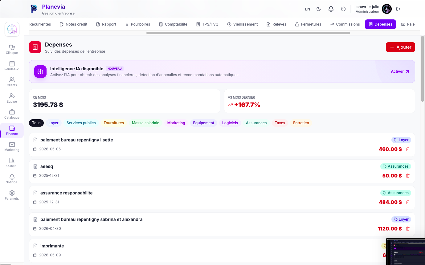Suivi des depenses Planevia avec intelligence artificielle, categories loyer, services publics, fournitures, masse salariale, marketing, equipement, logiciels, assurances, taxes, entretien et comparatif mois precedent