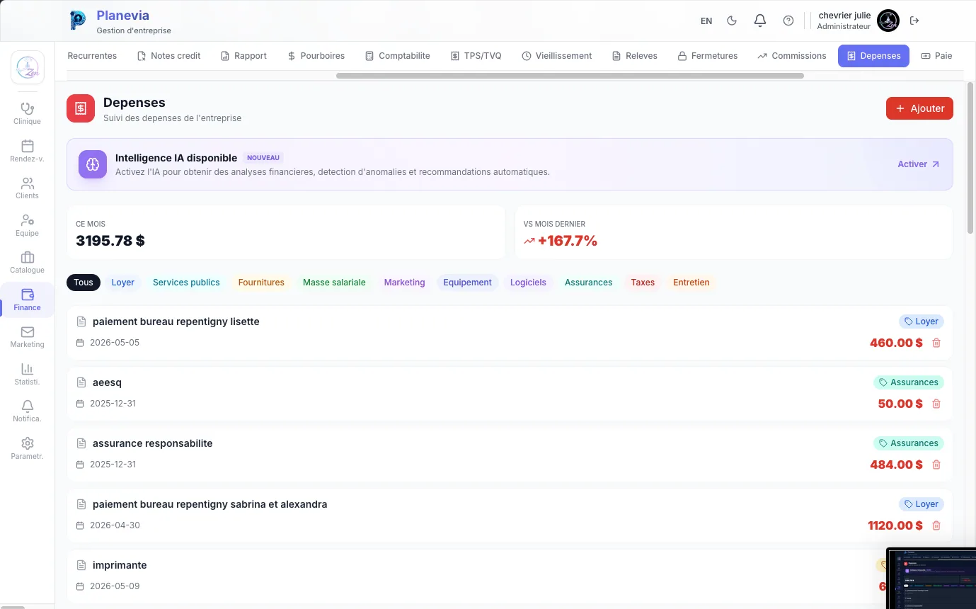 Suivi des depenses Planevia avec intelligence artificielle, catégories loyer, services publics, fournitures, masse salariale, marketing, equipement, logiciels, assurances, taxes, entretien et comparatif mois precedent