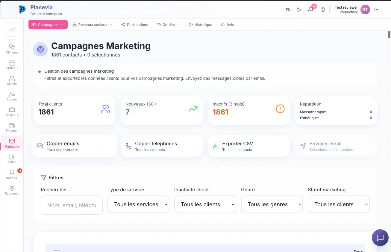 Tableau de bord Marketing Planevia