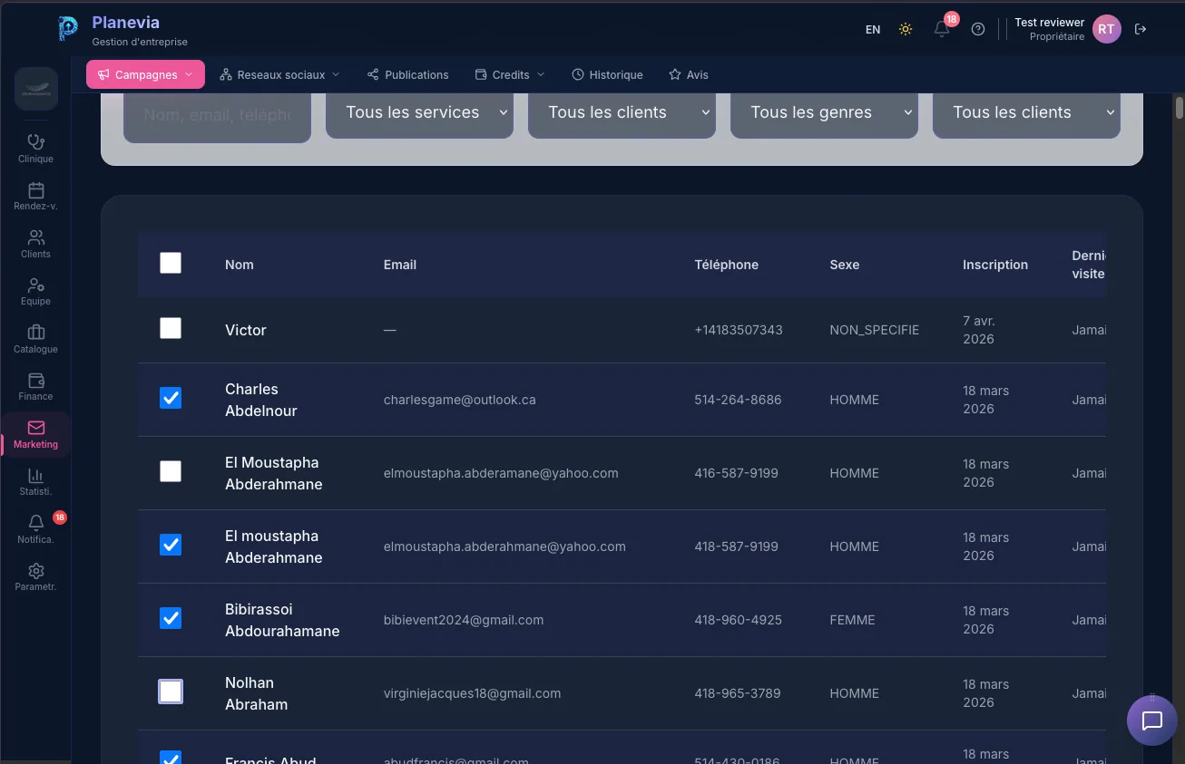 Tableau de bord Marketing Planevia