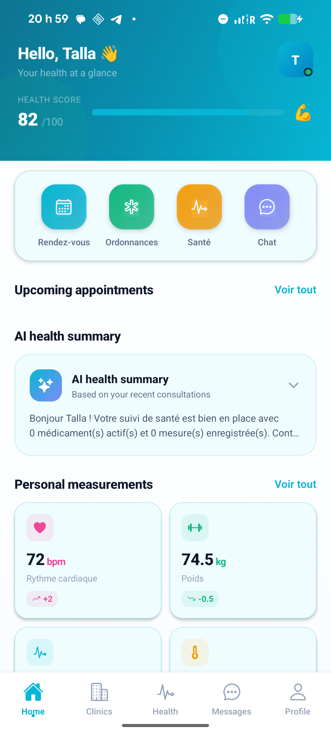 Tableau de bord de l'application patient Planevia
