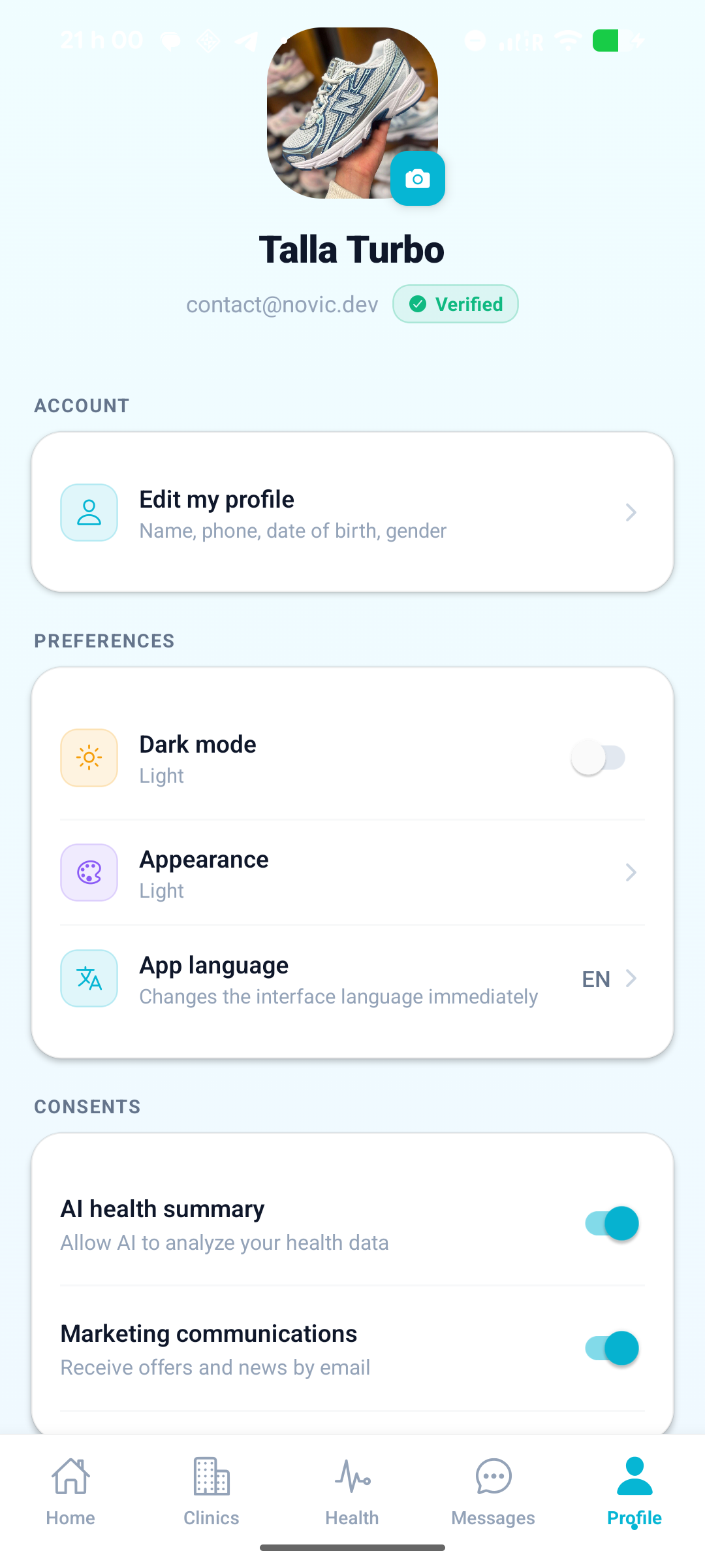 Ecran de profil Planevia en mode clair