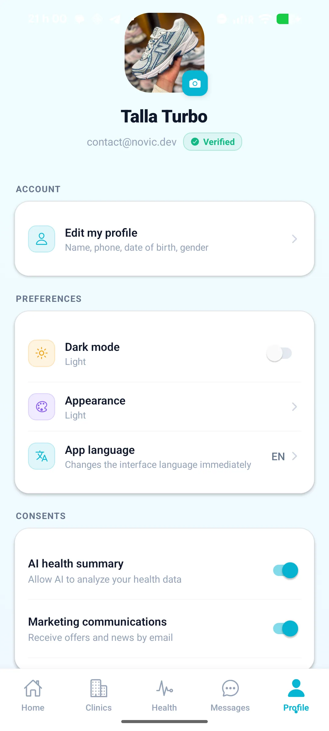 Ecran de profil Planevia en mode clair