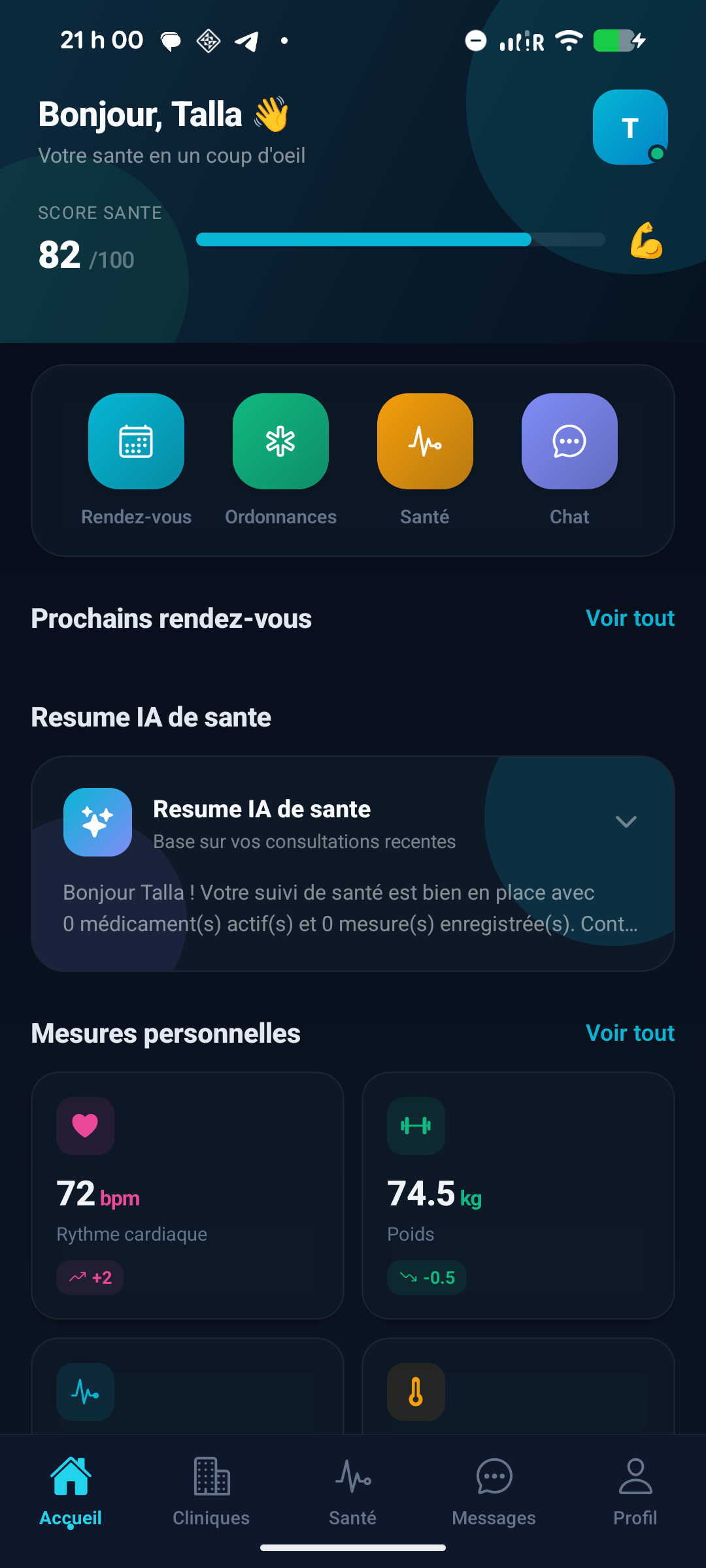 Tableau de bord de l'application patient Planevia