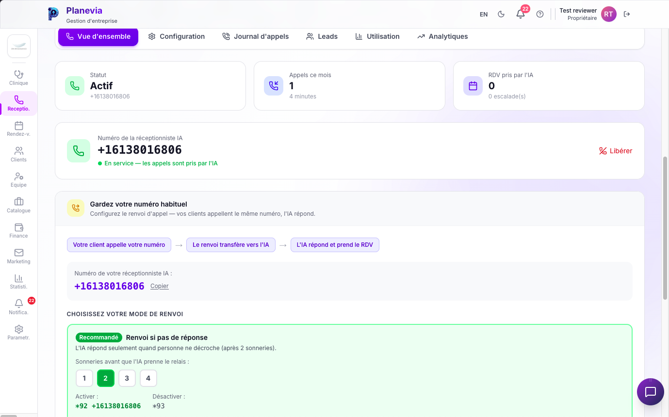 Configuration de la Receptionniste IA Planevia avec numero dedie +1 613 801 6806, statut Actif, etapes de renvoi *92 et *93, choix du mode recommande 'Renvoi si pas de reponse' avec 1 a 4 sonneries