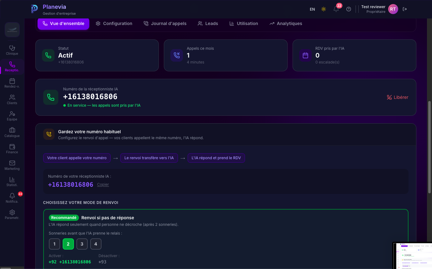 Configuration de la Receptionniste IA Planevia avec numero dedie +1 613 801 6806, statut Actif, etapes de renvoi *92 et *93, choix du mode recommande 'Renvoi si pas de reponse' avec 1 a 4 sonneries