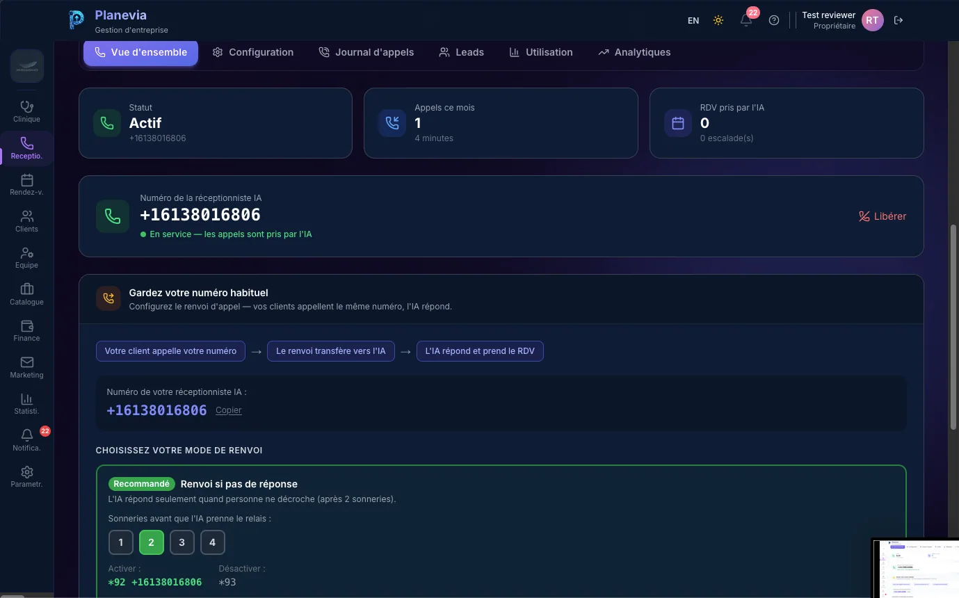 Configuration de la Receptionniste IA Planevia avec numero dedie +1 613 801 6806, statut Actif, etapes de renvoi *92 et *93, choix du mode recommande 'Renvoi si pas de reponse' avec 1 a 4 sonneries