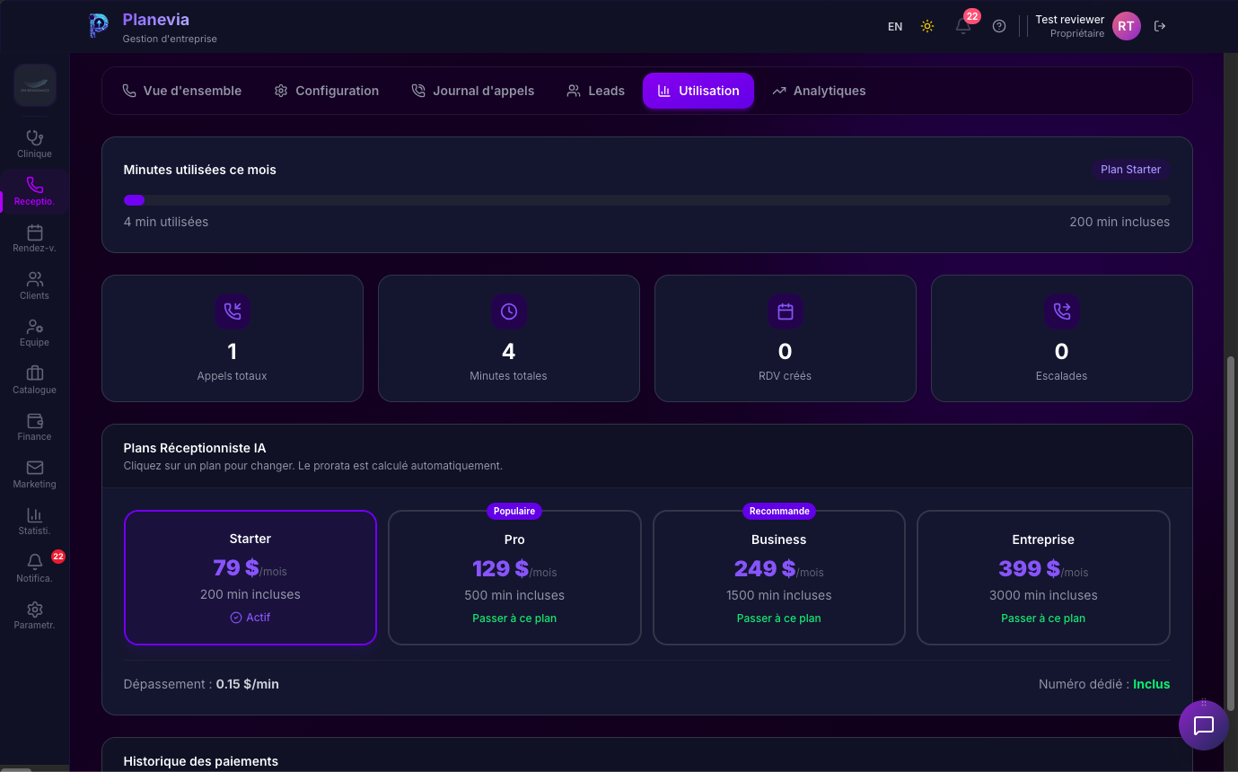 Page Utilisation avec minutes utilisees, plans Starter Pro Business Entreprise