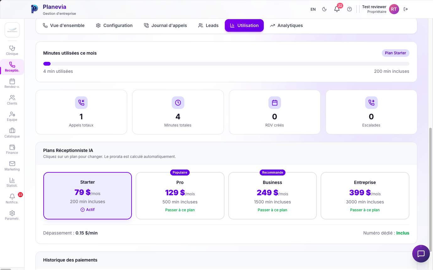 Page Utilisation avec minutes utilisees, plans Starter Pro Business Entreprise