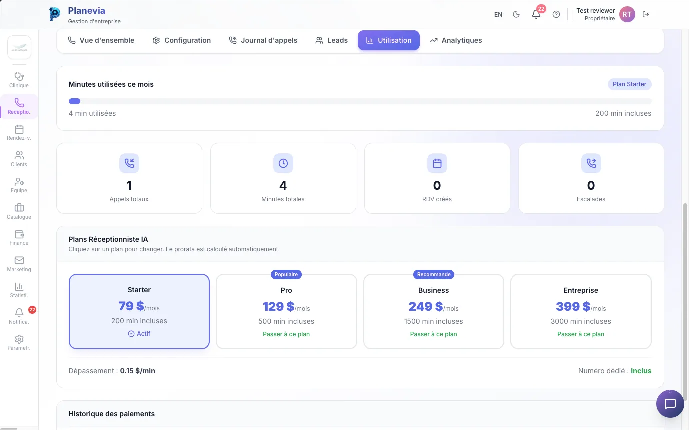 Page Utilisation avec minutes utilisees, plans Starter Pro Business Entreprise