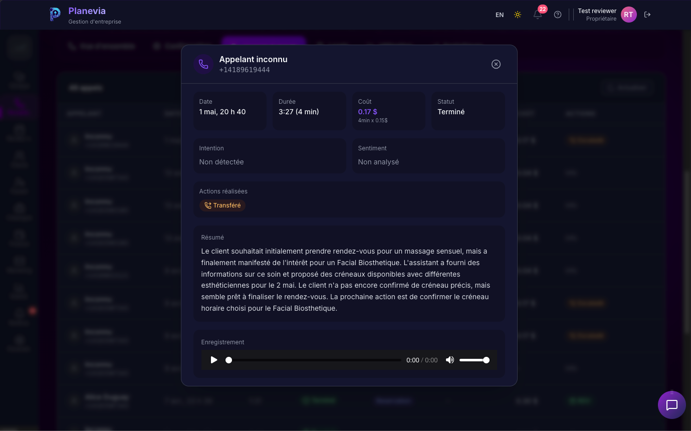 Detail d'un appel avec resume IA et enregistrement audio