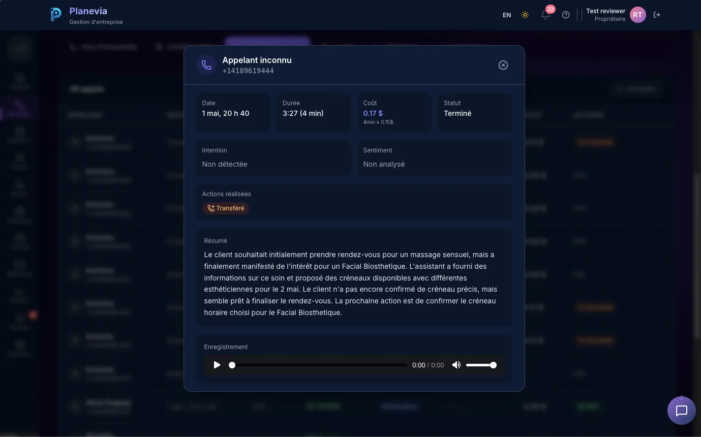 Detail d'un appel avec resume IA et enregistrement audio