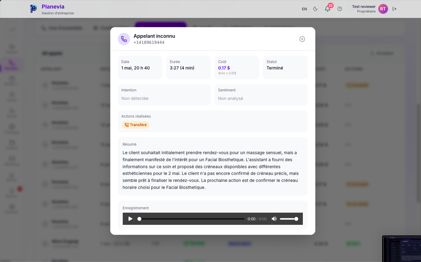 Detail d'un appel avec resume IA et enregistrement audio