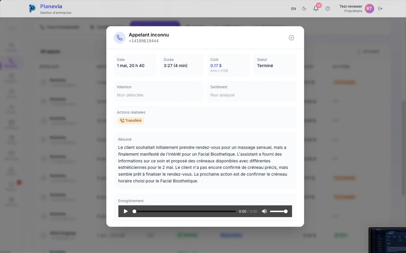 Detail d'un appel avec resume IA et enregistrement audio